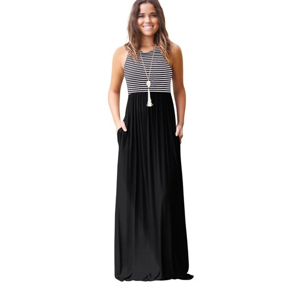 Dresses & Skirts - Sleeveless Black and Stripes Contrast Maxi Dress